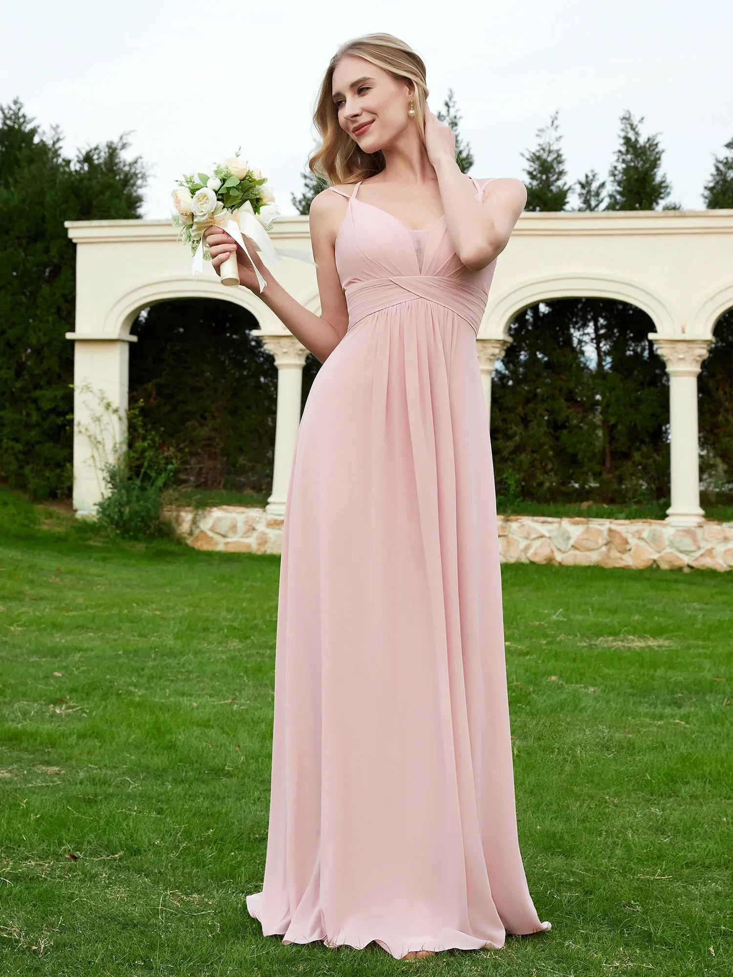 Floor Length V Neck Chiffon Bridesmaid Gown Dusty Rose