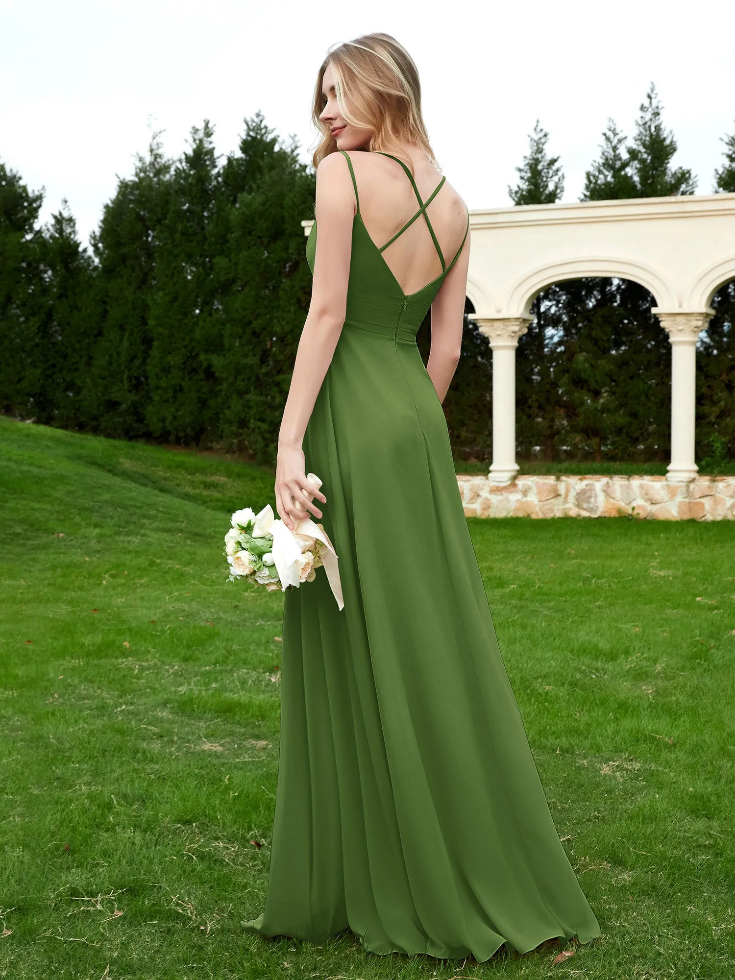 Floor Length V Neck Chiffon Bridesmaid Gown Moss Plus Size