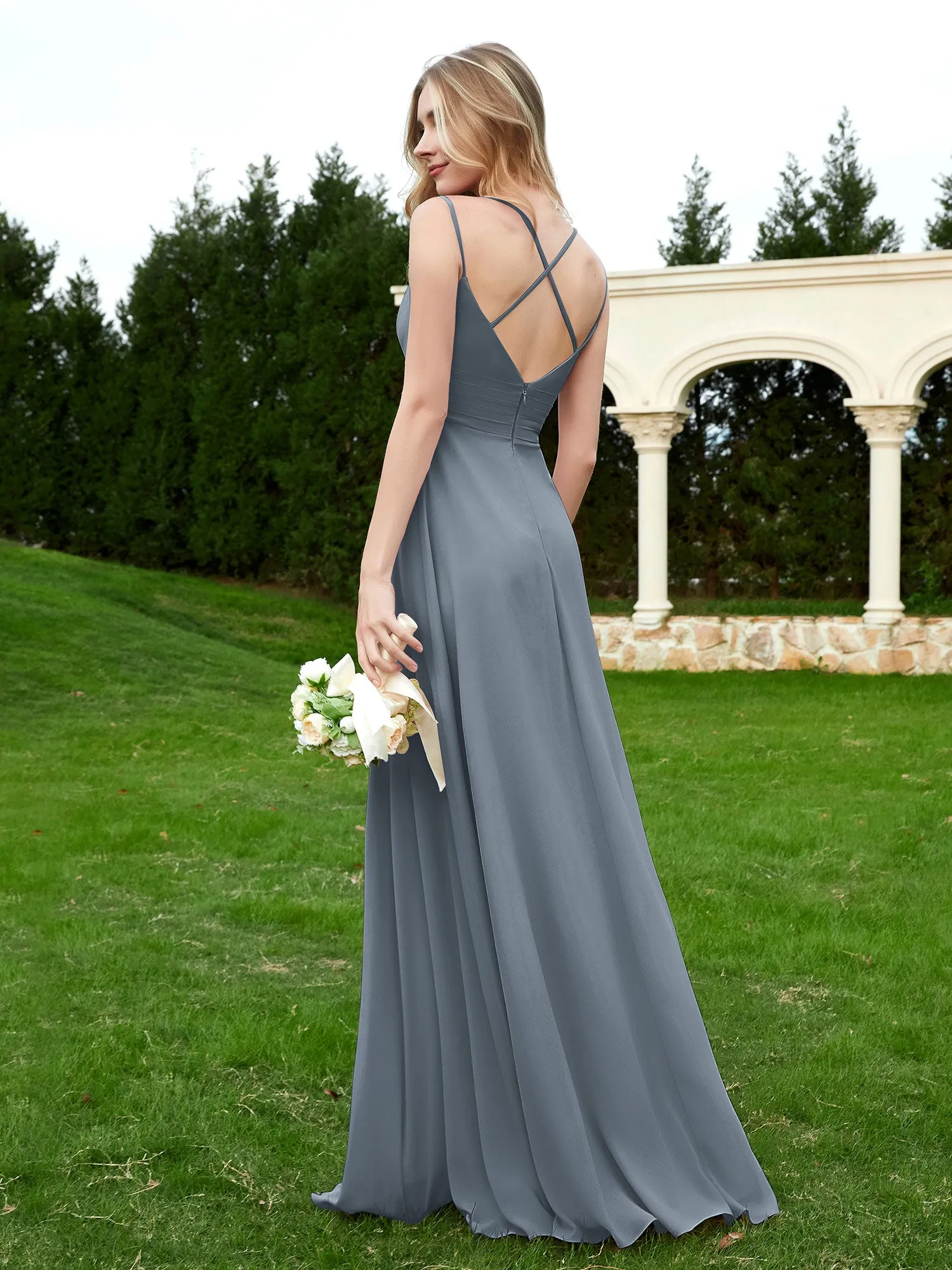 Floor Length V Neck Chiffon Bridesmaid Gown Slate Blue Plus Size