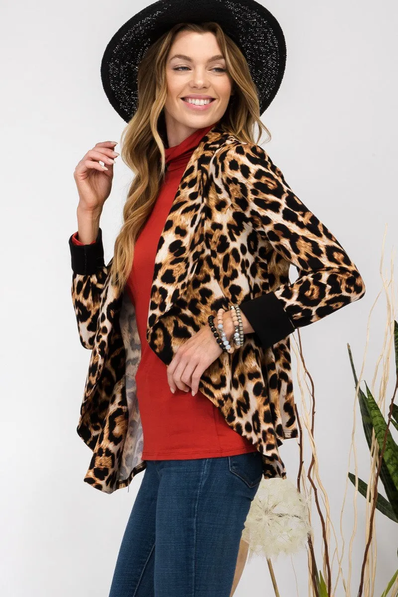 Full Size Leopard Open Front Long Sleeve Blazer