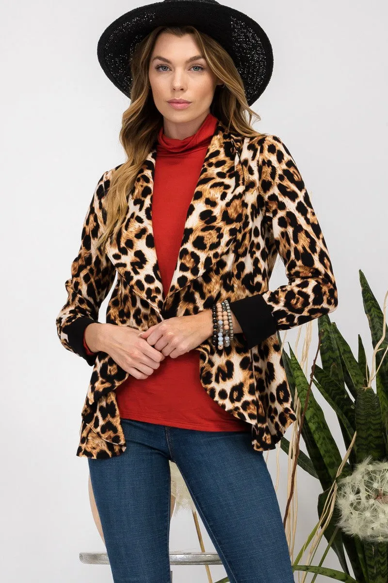 Full Size Leopard Open Front Long Sleeve Blazer