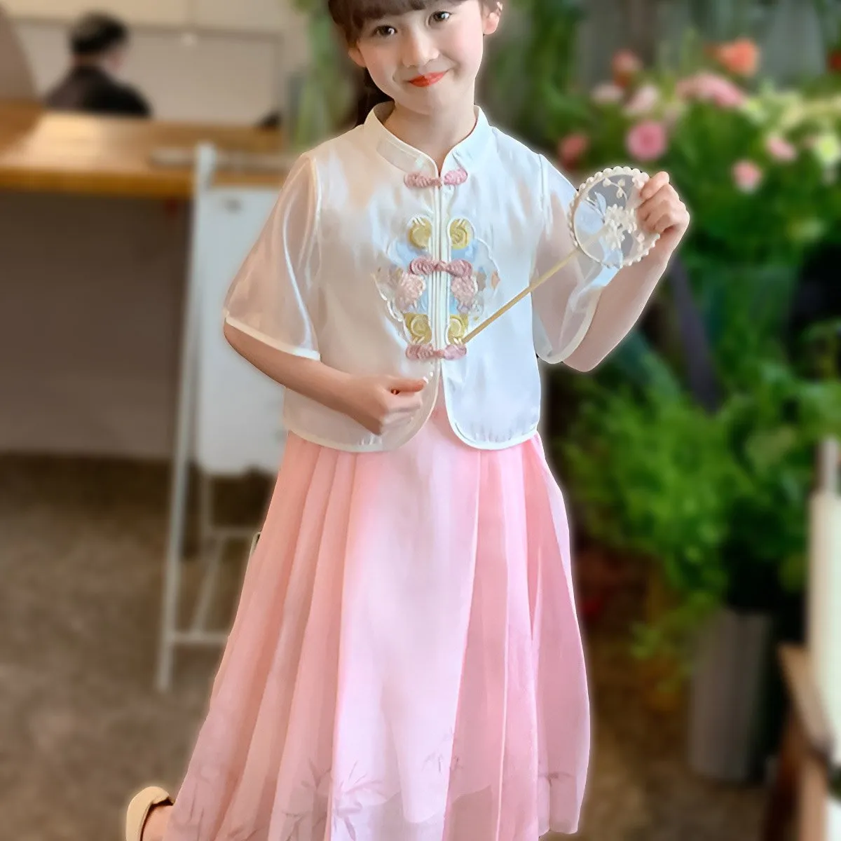 Girls Pink and Green Short Sleeve Hanfu Dress