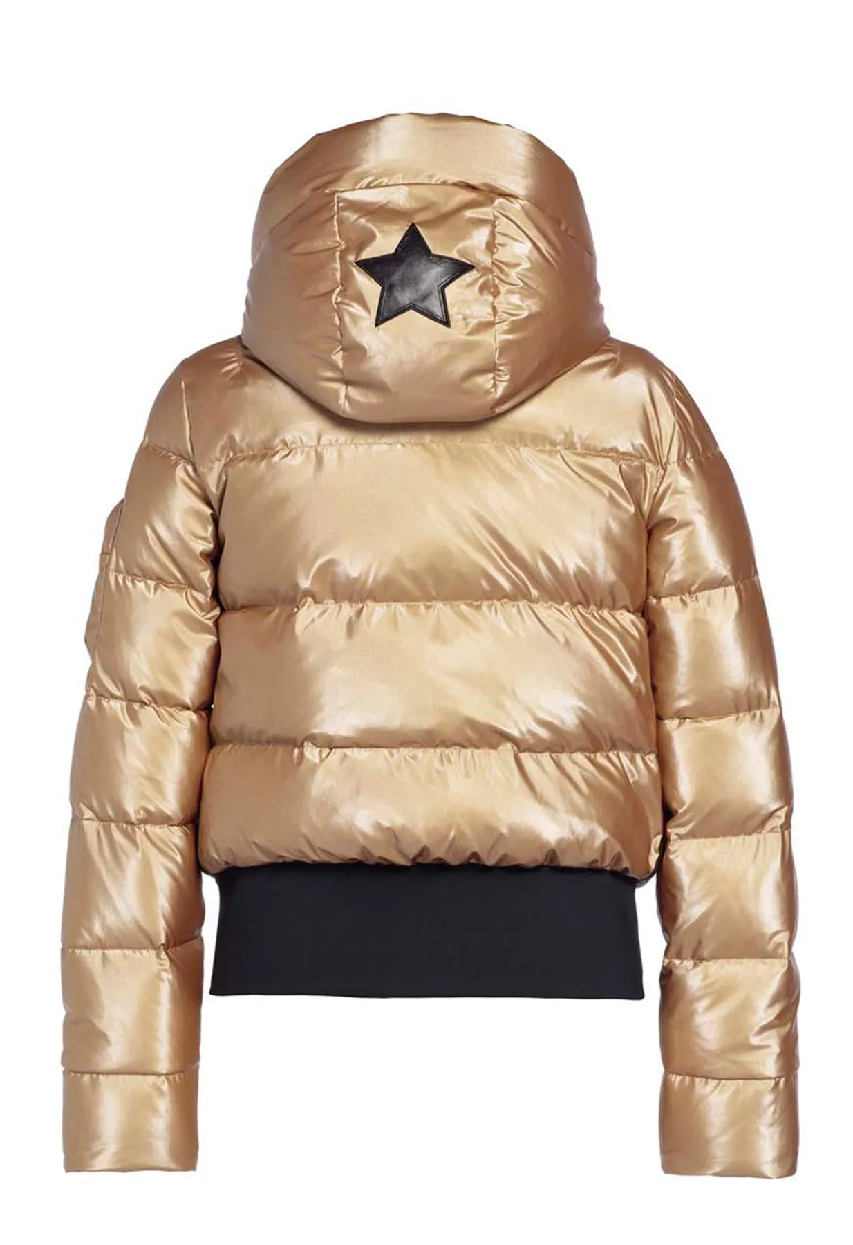 Goldbergh Bombardino Down Ski Jacket in Gold with star on hood