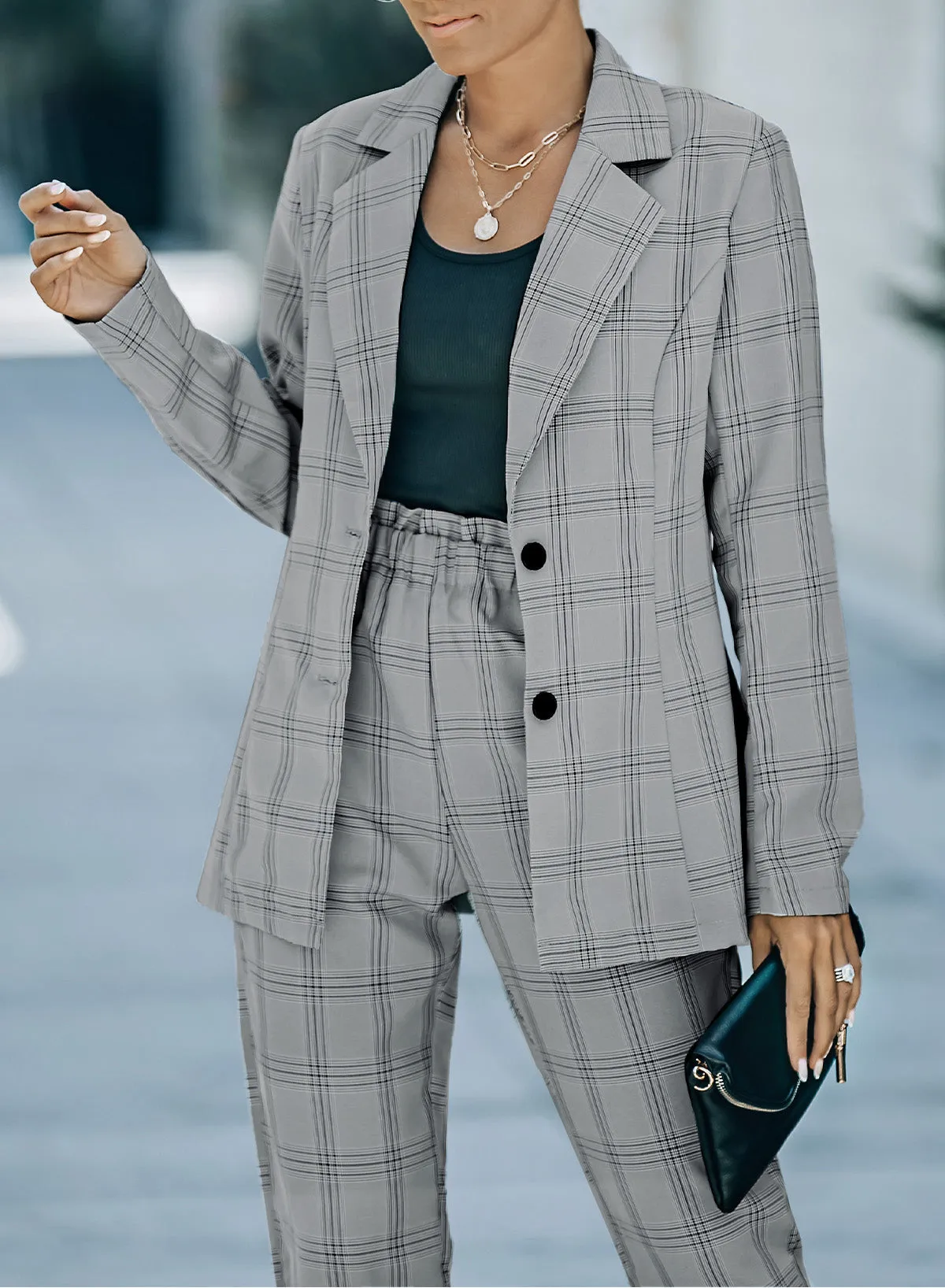 Gray Lapel Button Plaid Blazer