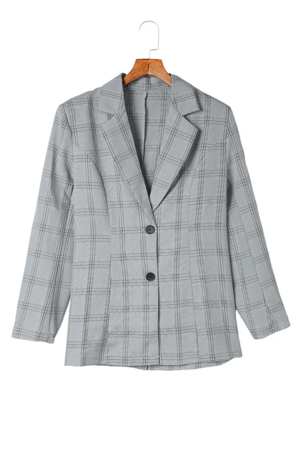 Gray Lapel Button Plaid Blazer