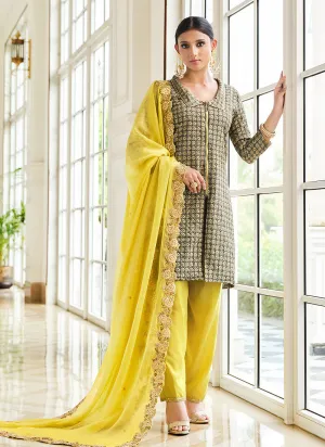 Green And Yellow Golden Zari Embroidered Pant Style Suit