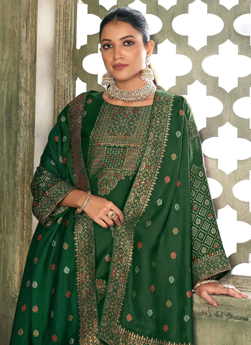 Green Multi Embroidery Pashmina Salwar Kameez Suit