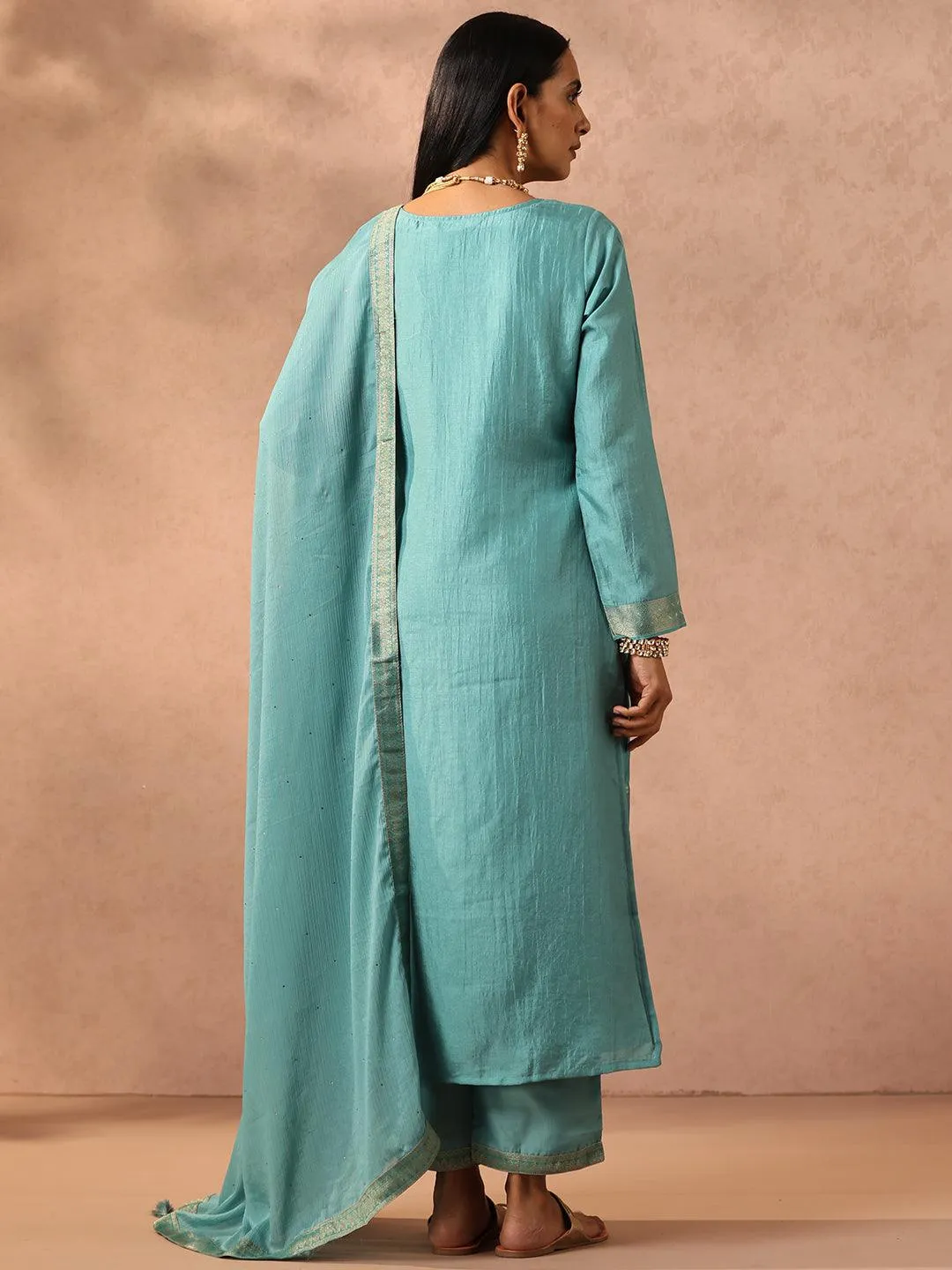 Green Self Design Silk Blend Pakistani Suit