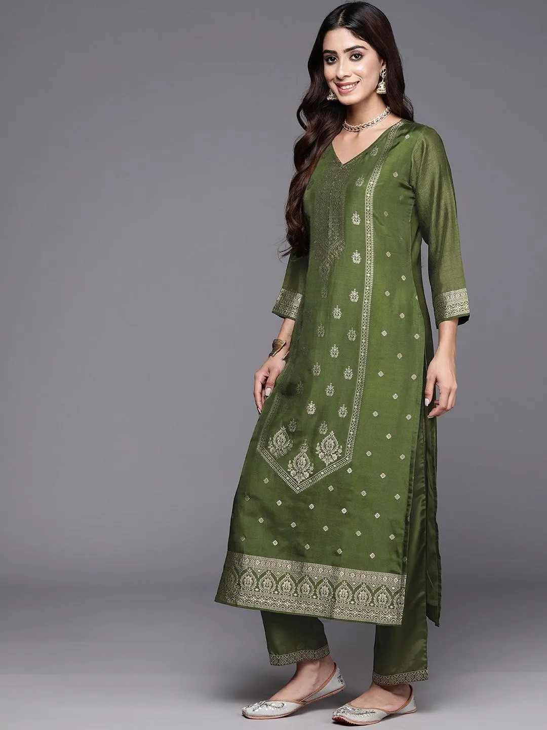 Green Woven Design Silk Blend Pakistani Suit