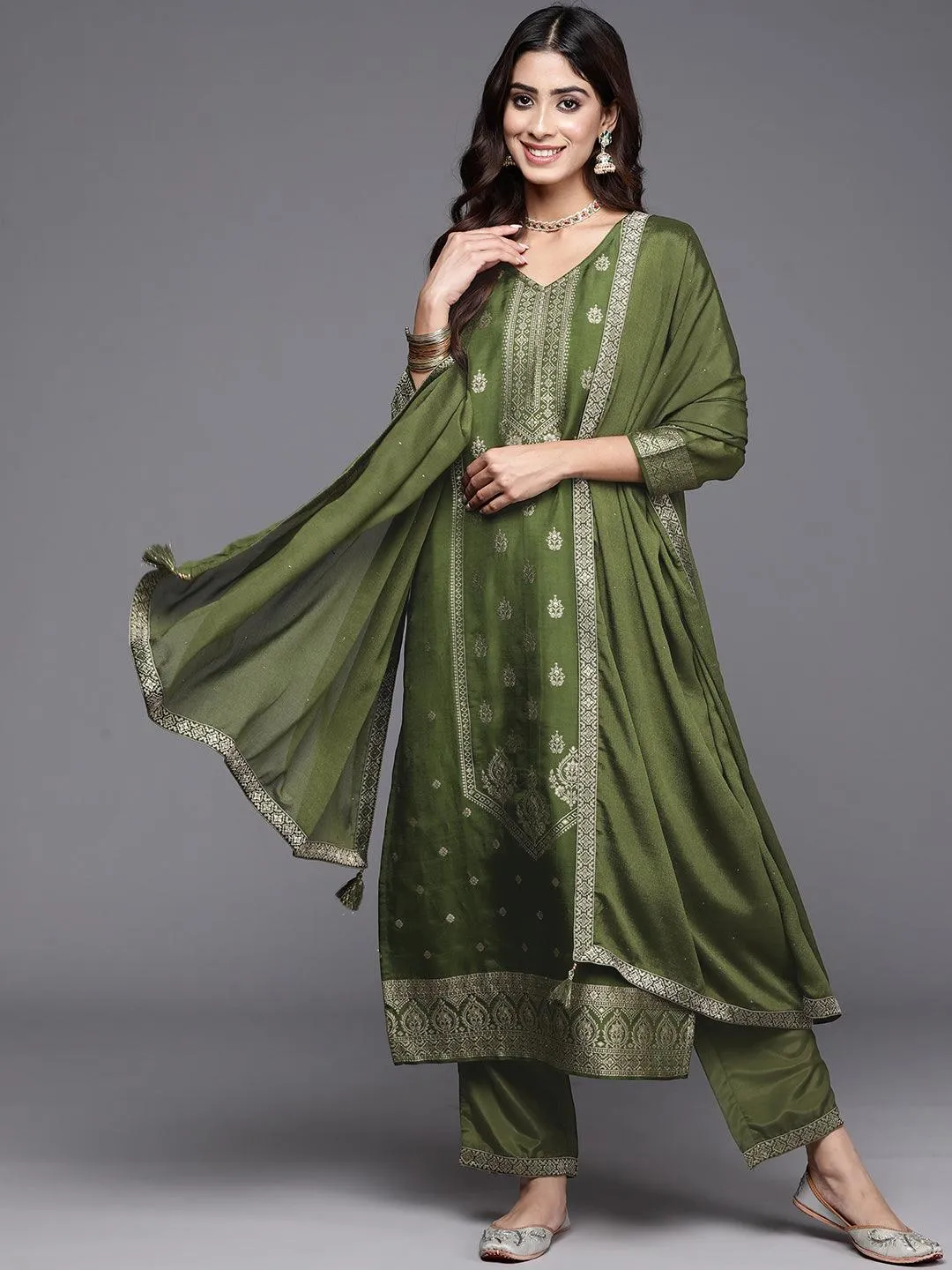 Green Woven Design Silk Blend Pakistani Suit