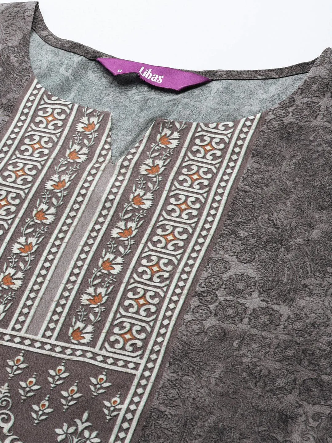 Grey Printed Crepe Straight Kurta With Trousers & Dupatta