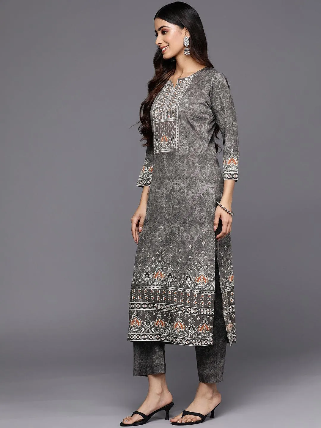 Grey Printed Crepe Straight Kurta With Trousers & Dupatta