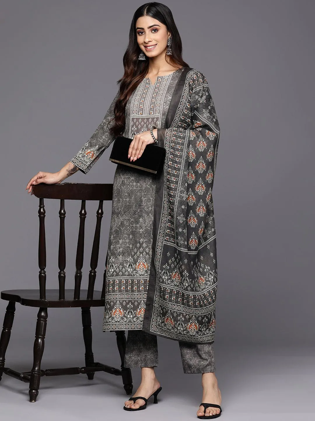 Grey Printed Crepe Straight Kurta With Trousers & Dupatta