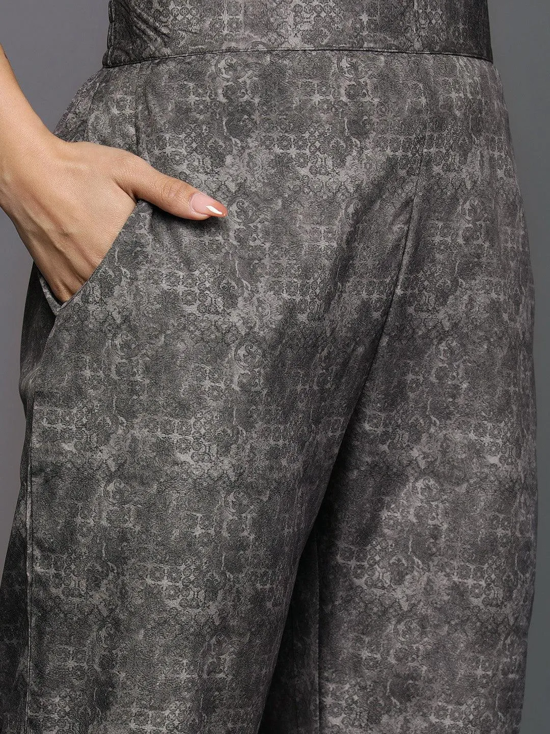 Grey Printed Crepe Straight Kurta With Trousers & Dupatta