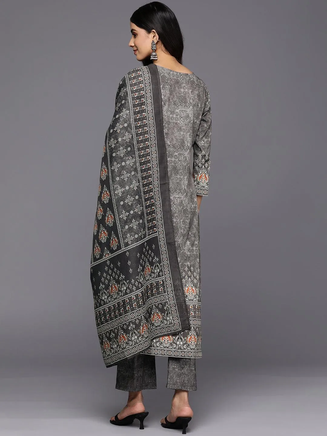 Grey Printed Crepe Straight Kurta With Trousers & Dupatta