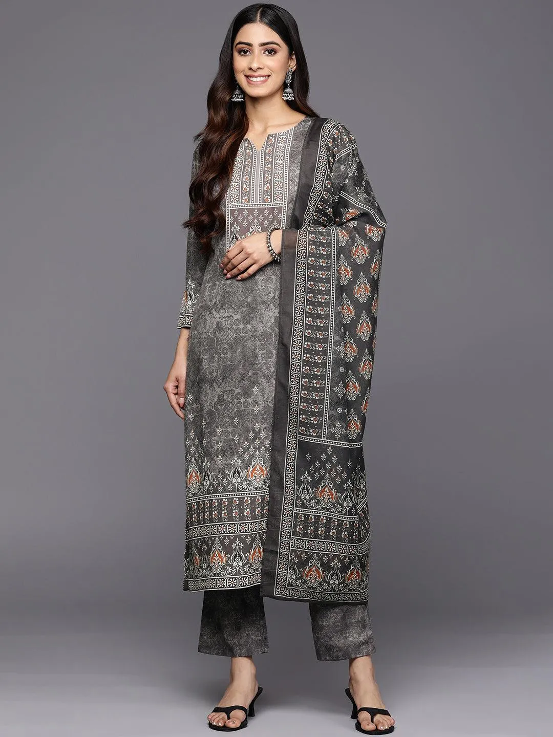 Grey Printed Crepe Straight Kurta With Trousers & Dupatta