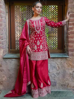 Jashvi Art Pink Embroidered Silk Straight Suit With Dupatta