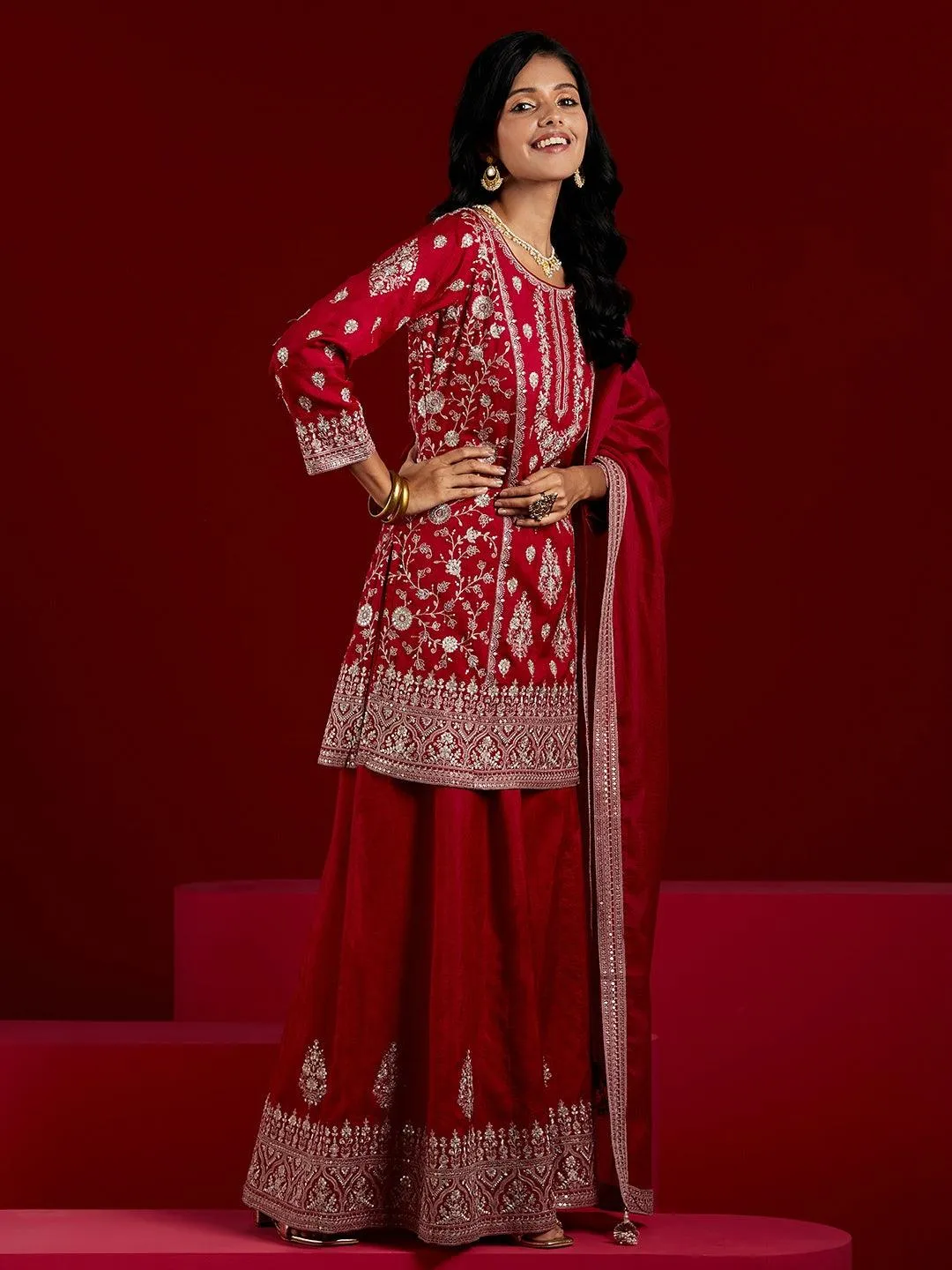 Jashvi Art Pink Embroidered Silk Straight Suit With Dupatta