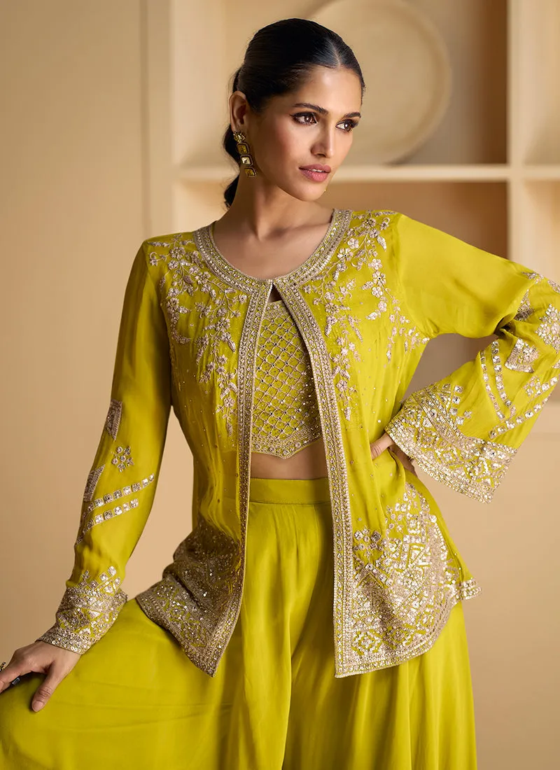 Lime Green Sequence Embroidered Jacket Style Palazzo Suit