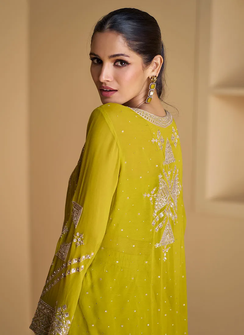 Lime Green Sequence Embroidered Jacket Style Palazzo Suit