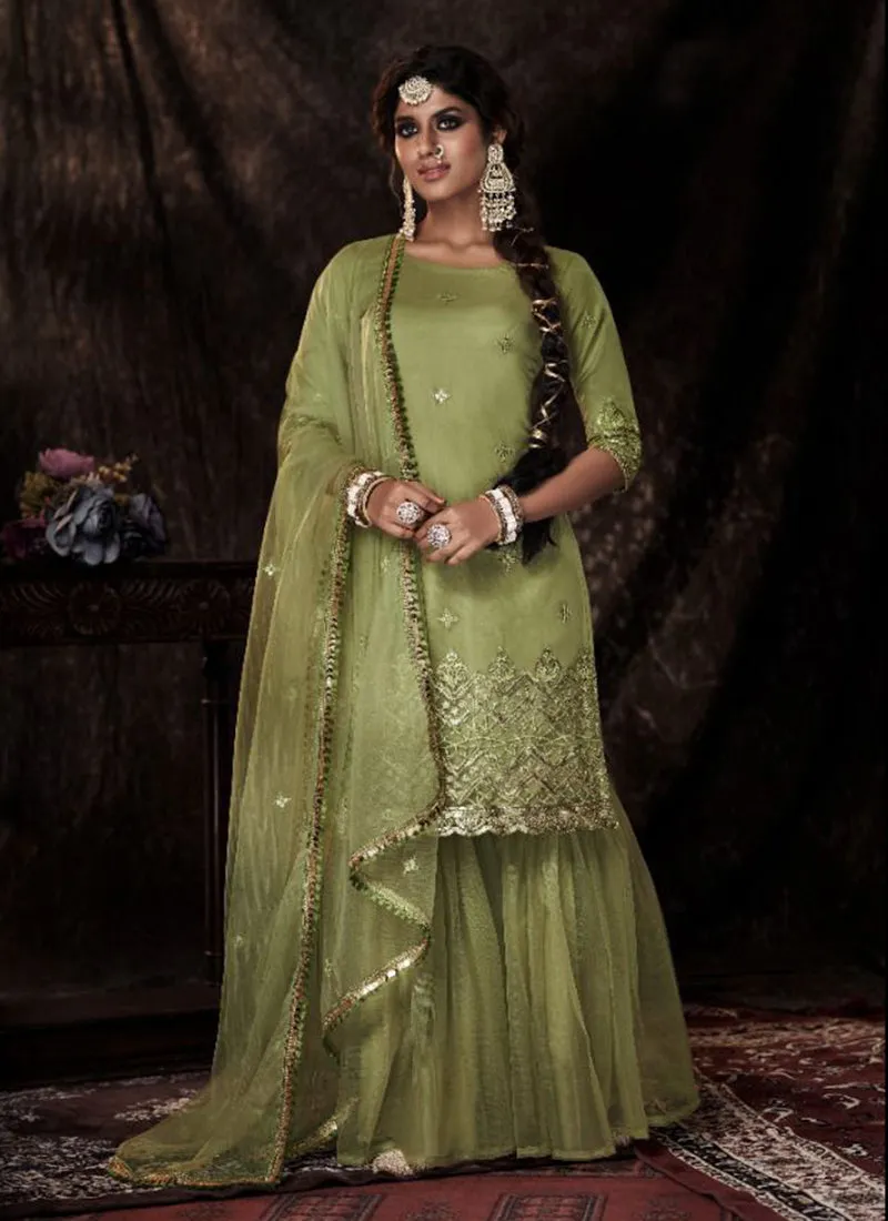 Lime Green Sequence Embroidered Sharara Suit