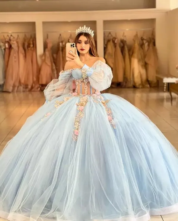 Long Sleeves Sky Blue Tulle Quinceanera Dresses with Flower Appliques