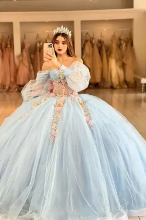 Long Sleeves Sky Blue Tulle Quinceanera Dresses with Flower Appliques