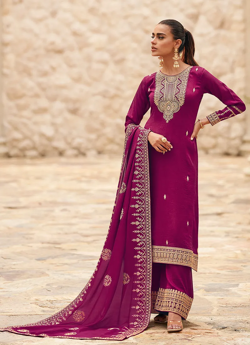 Magenta Pink Traditional Embroidery Palazzo Style Suit