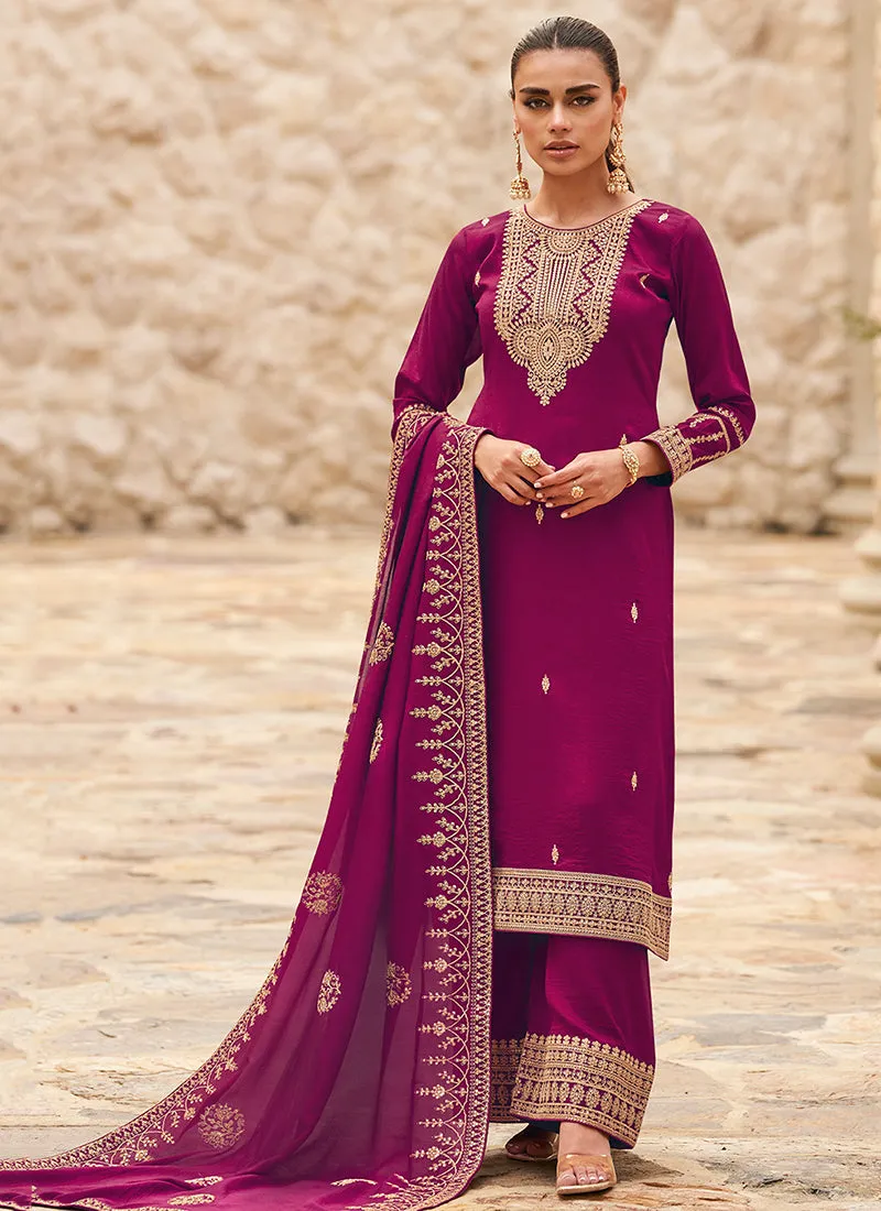 Magenta Pink Traditional Embroidery Palazzo Style Suit