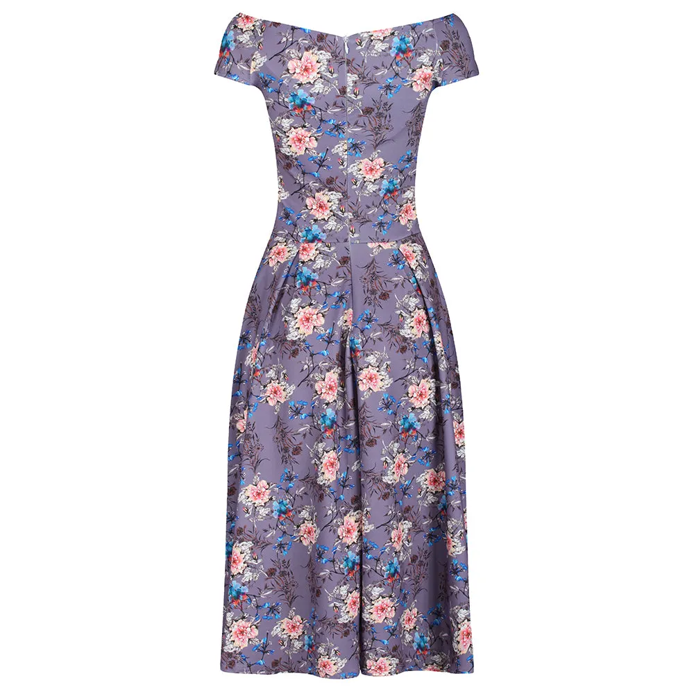 Mauve Floral Print Cap Sleeve Crossover Top 50s Swing Bardot Dress