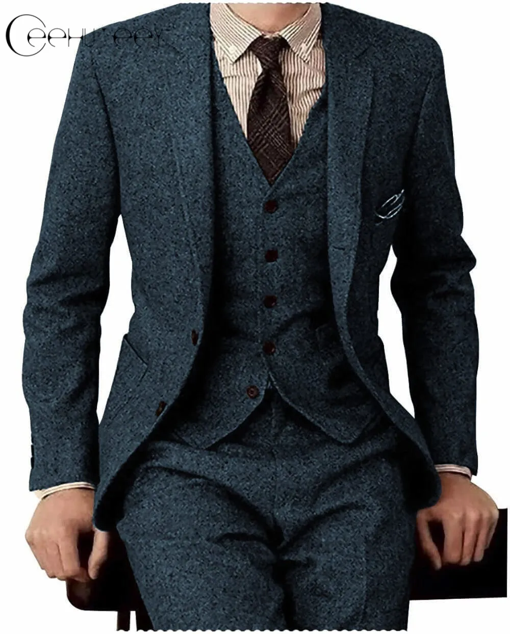 Men's 3 Pieces Suit Classic Tweed Notch Lapel Tuxedos Prom(Blazer vest Pants)