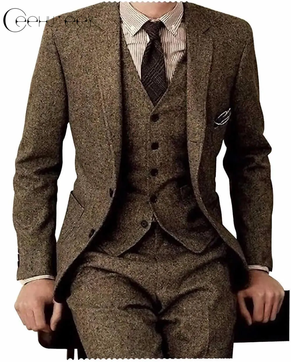 Men's 3 Pieces Suit Classic Tweed Notch Lapel Tuxedos Prom(Blazer vest Pants)