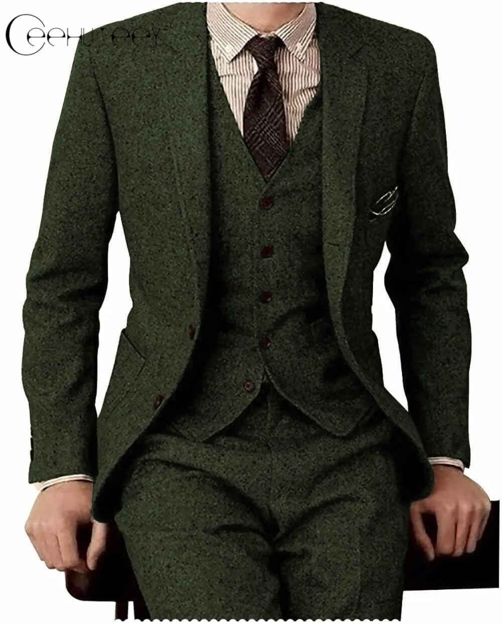 Men's 3 Pieces Suit Classic Tweed Notch Lapel Tuxedos Prom(Blazer vest Pants)