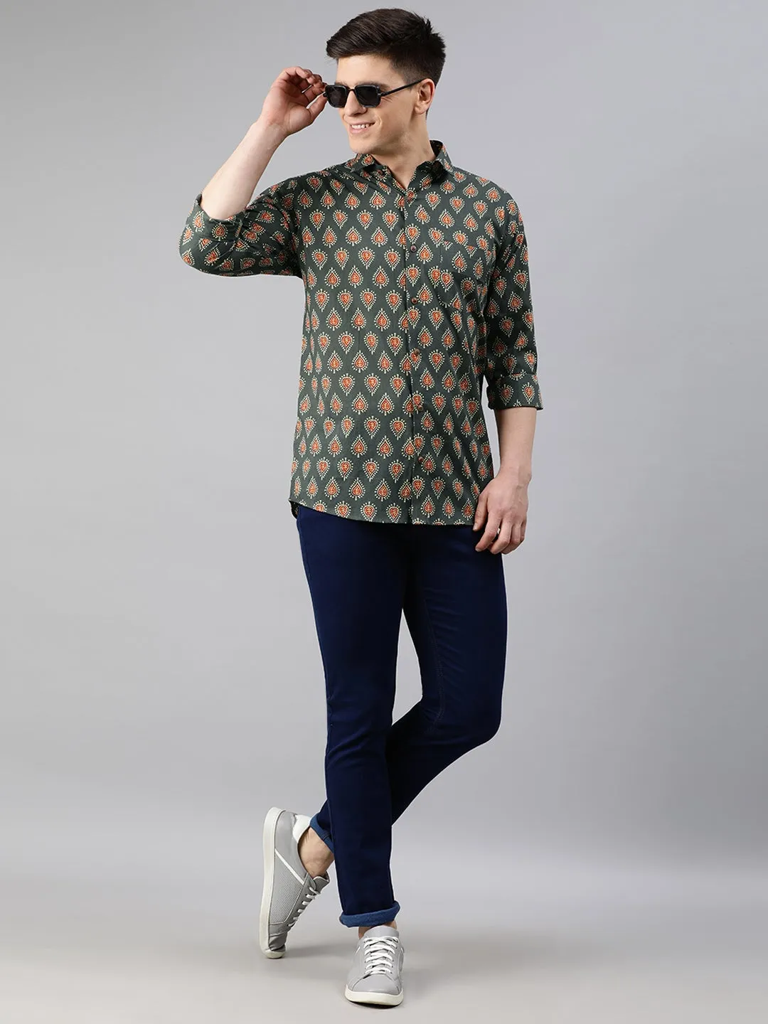 Men's Dark Green Cotton Full Sleeves Shirts For Men - Taantav