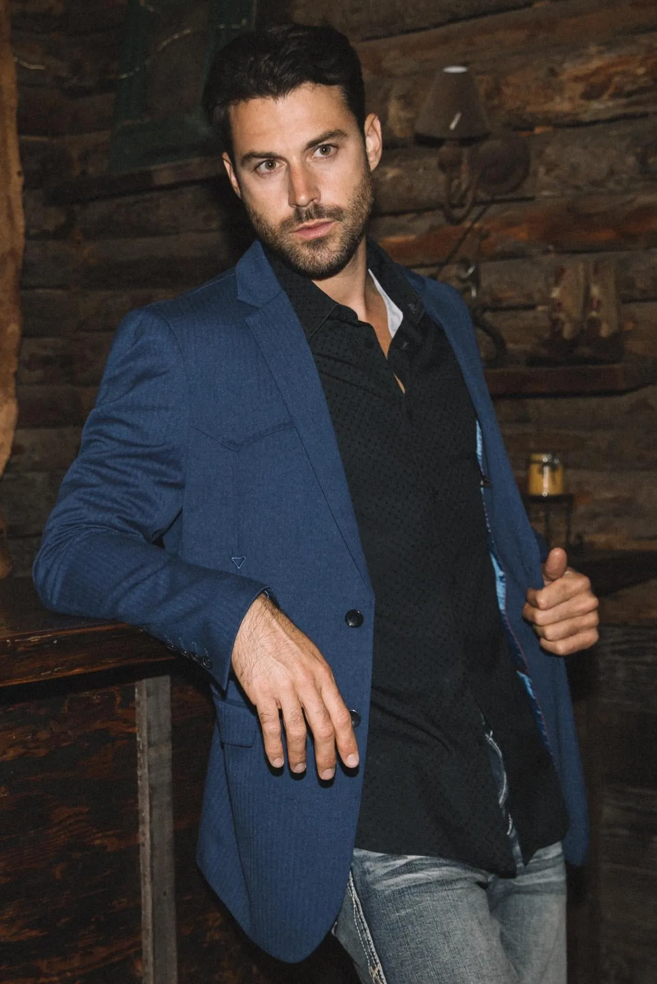 Men's Double Button Western Blue Blazer