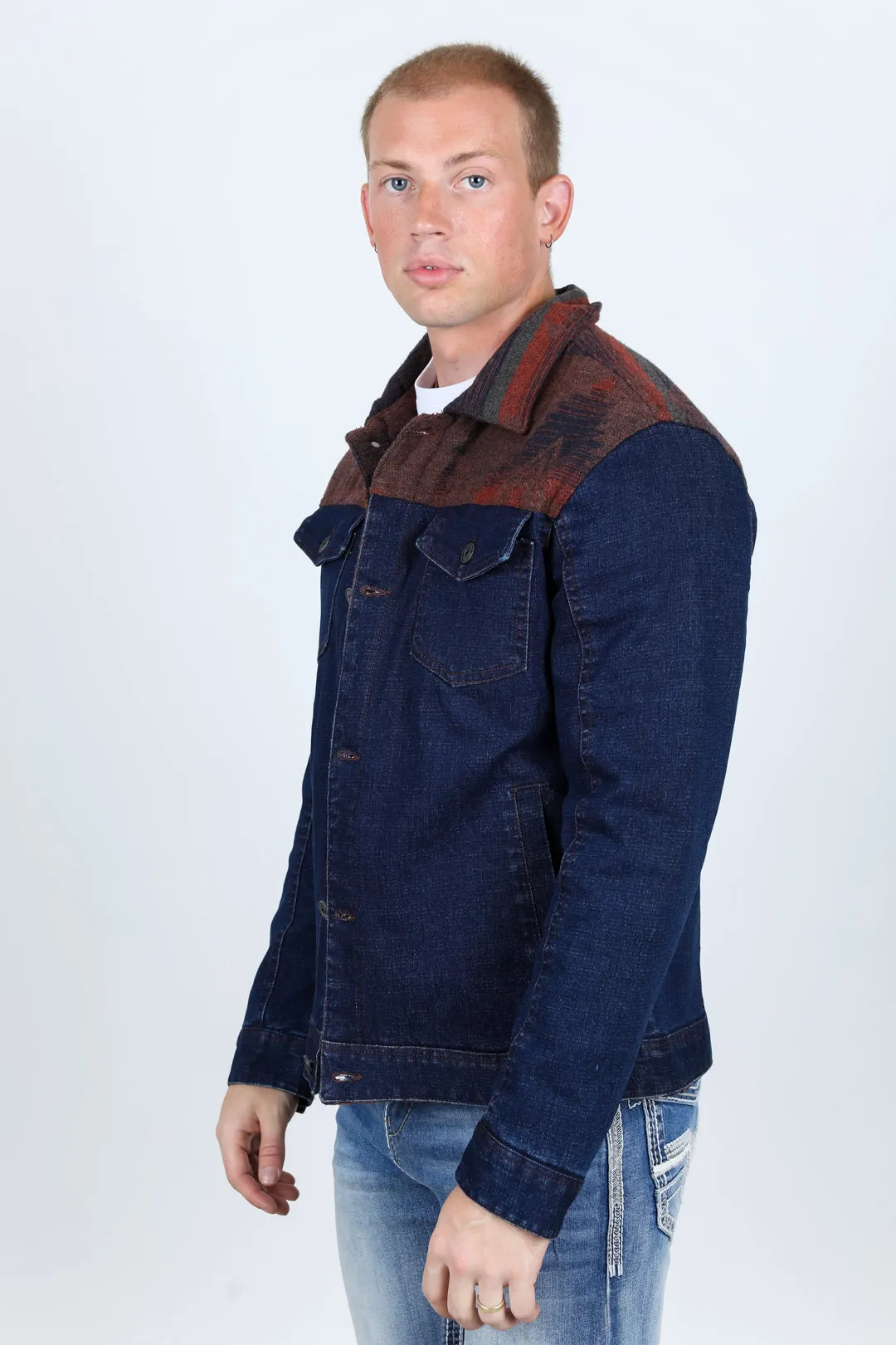 Mens Ethnic Aztec Denim Jacket - Indigo