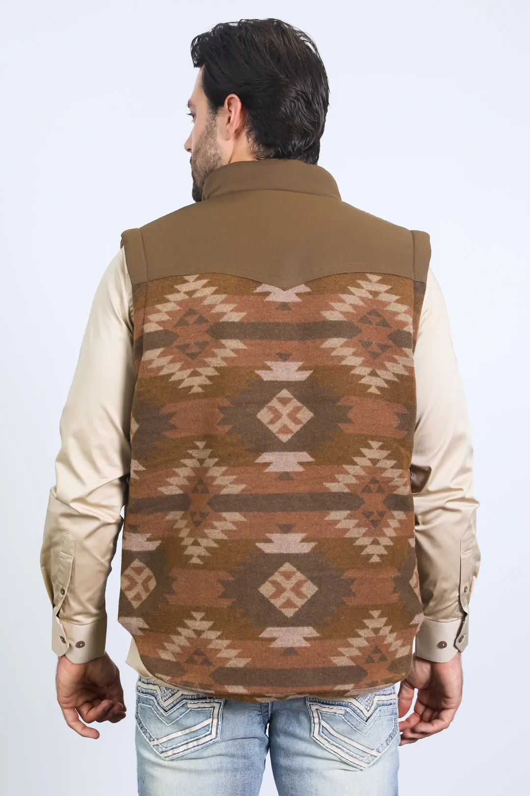 Mens Ethnic Aztec Quilted Fur Lined Brown Vest