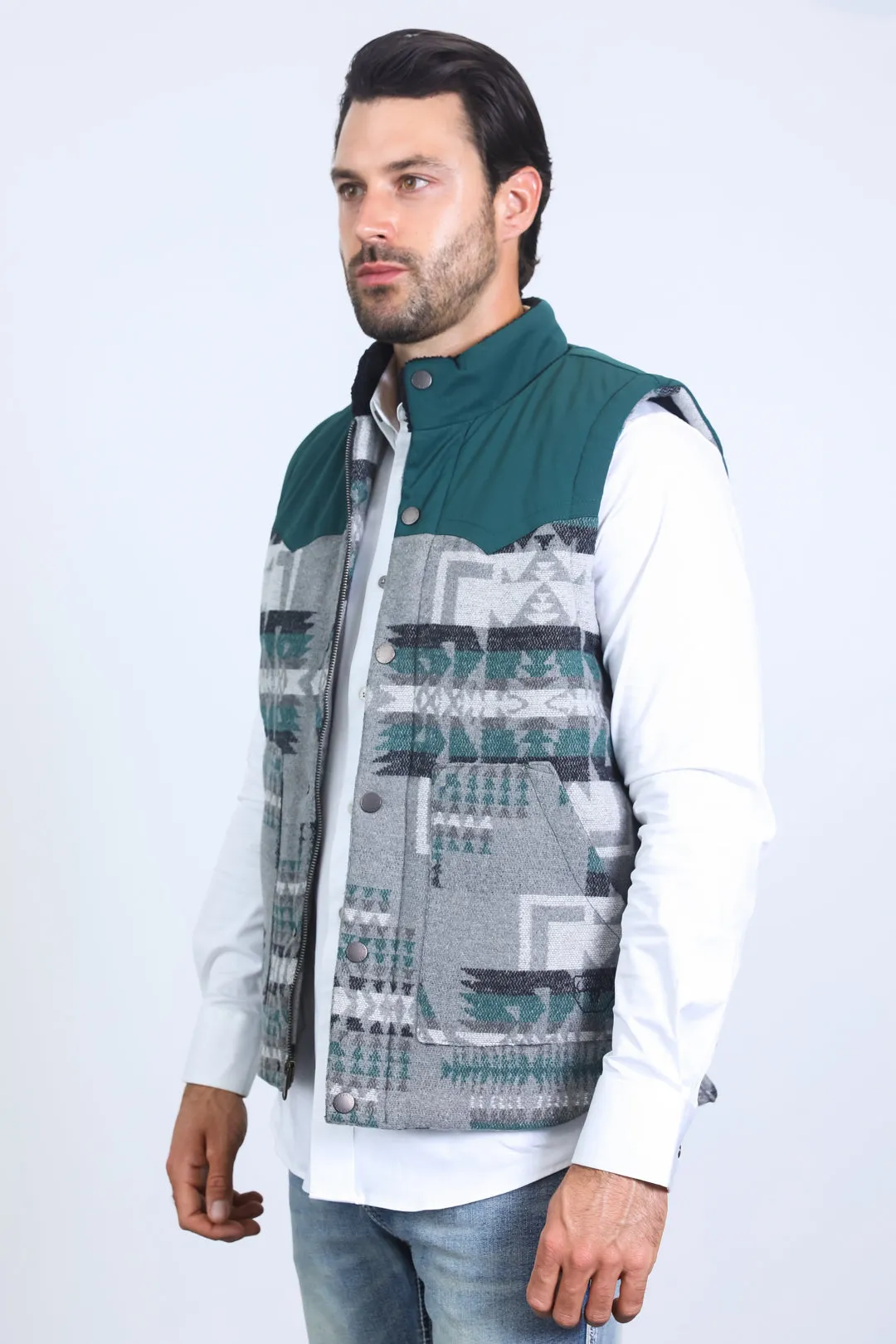 Mens Ethnic Aztec Quilted Fur Lined Green Vest