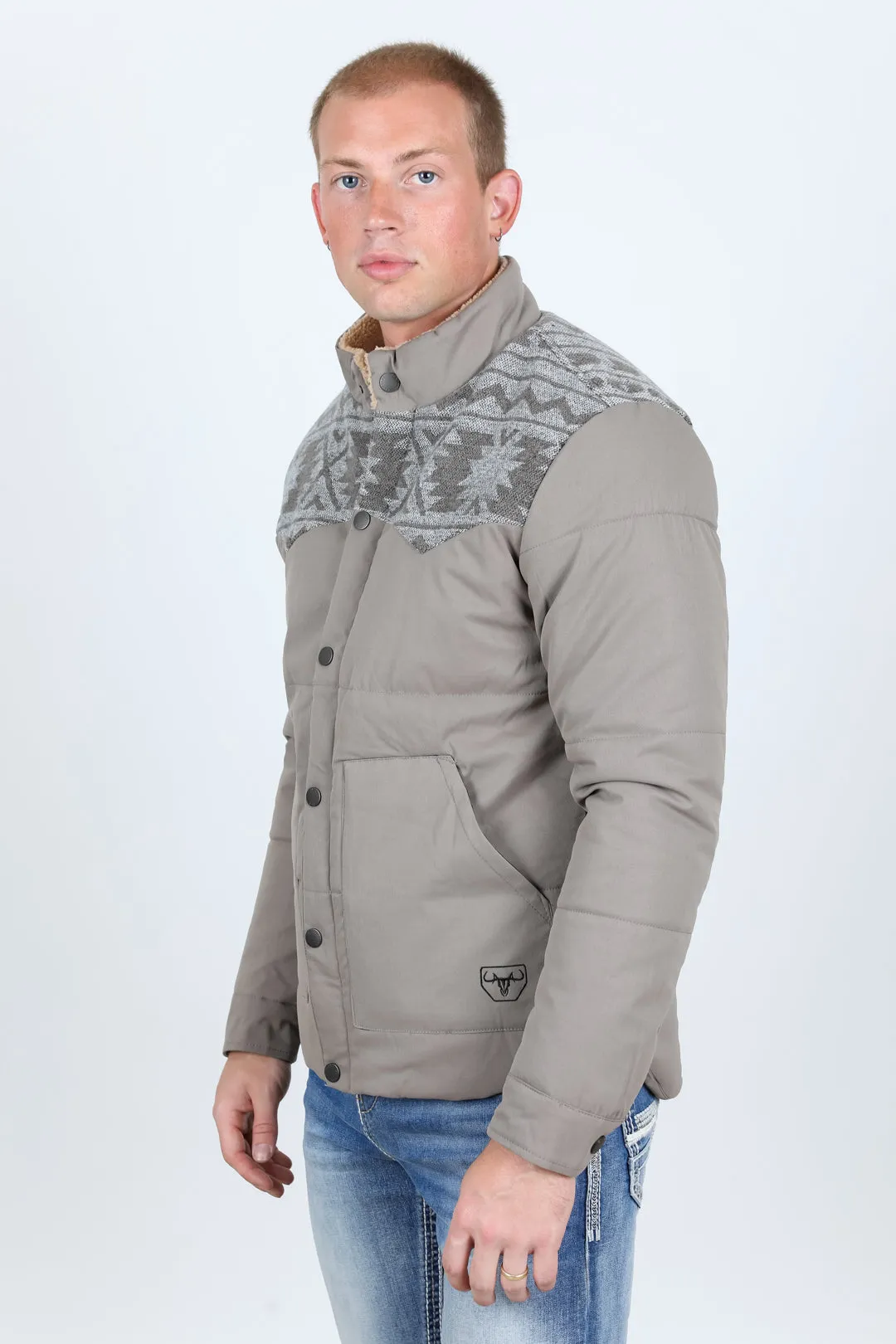 Men's Ethnic Aztec Quilted Fur Lined Twill Mink Jacket