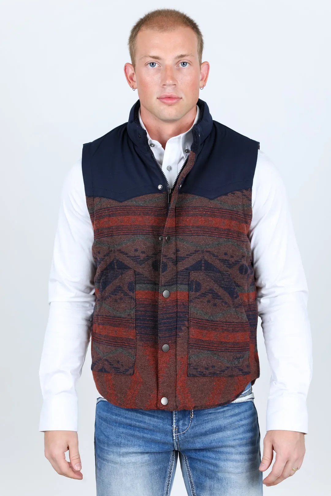 Mens Ethnic Aztec Quilted Fur Lined Vest - Navy/Burgundy