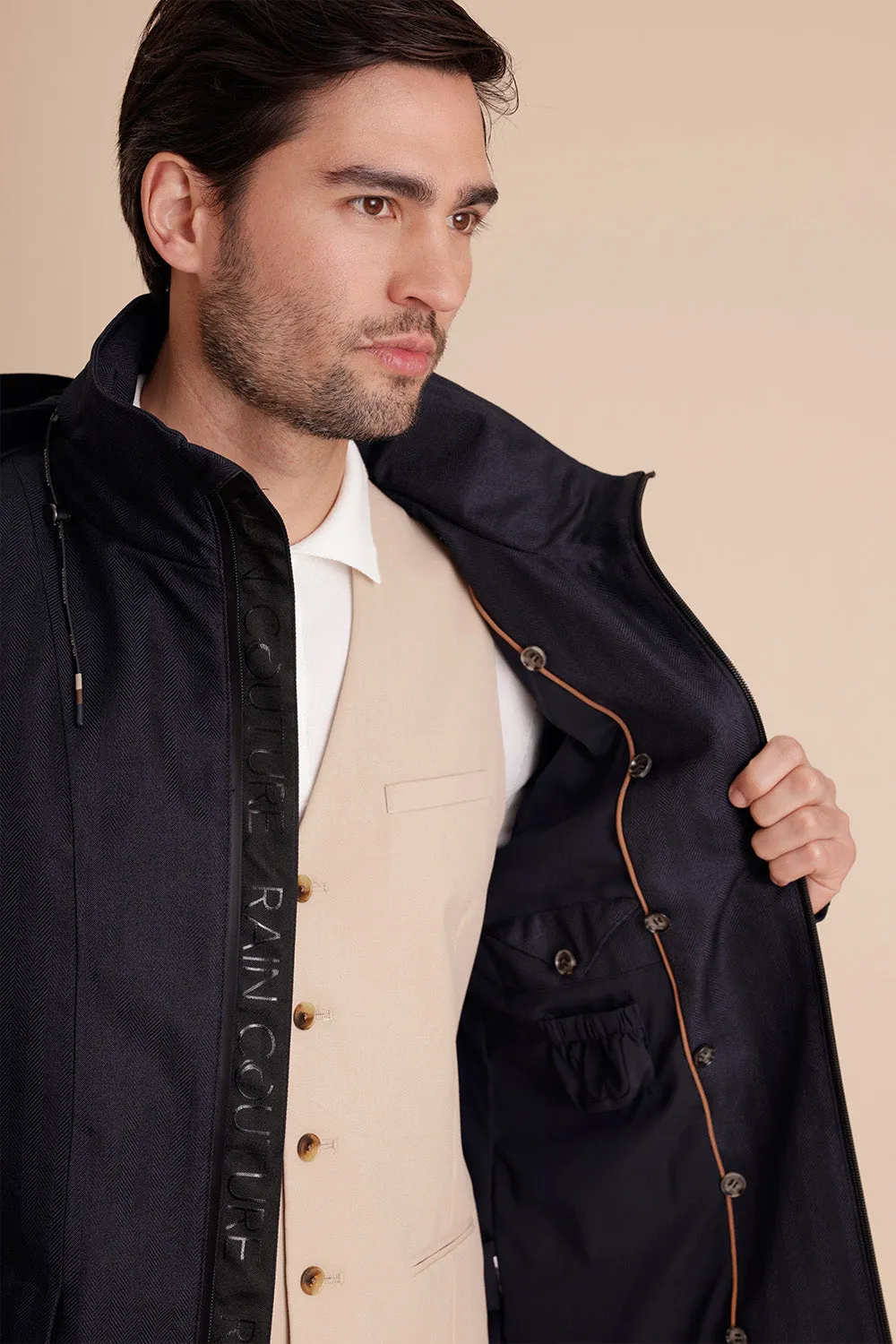 Mens Short Waterproof Trench - Navy Herringbone