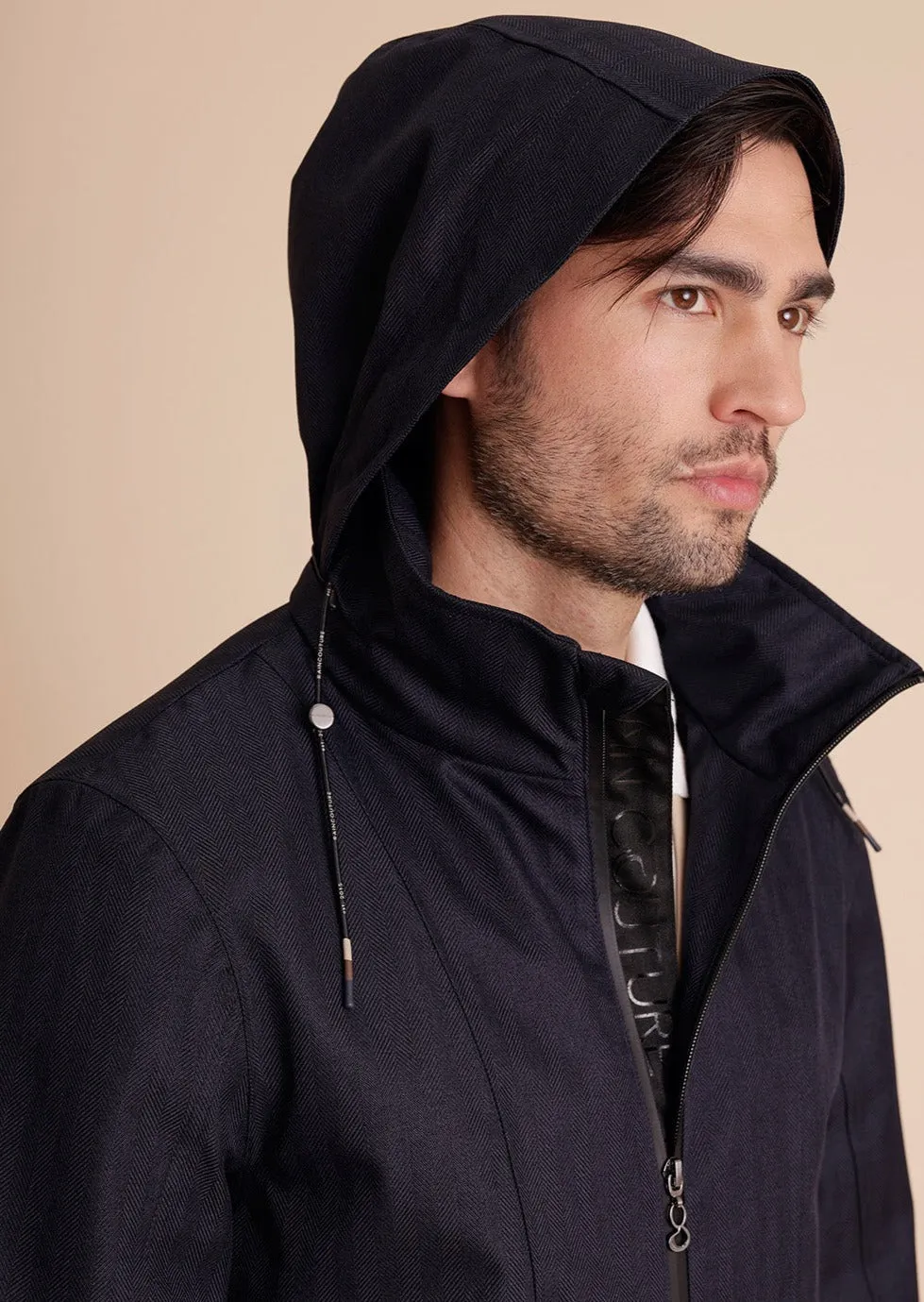 Mens Short Waterproof Trench - Navy Herringbone