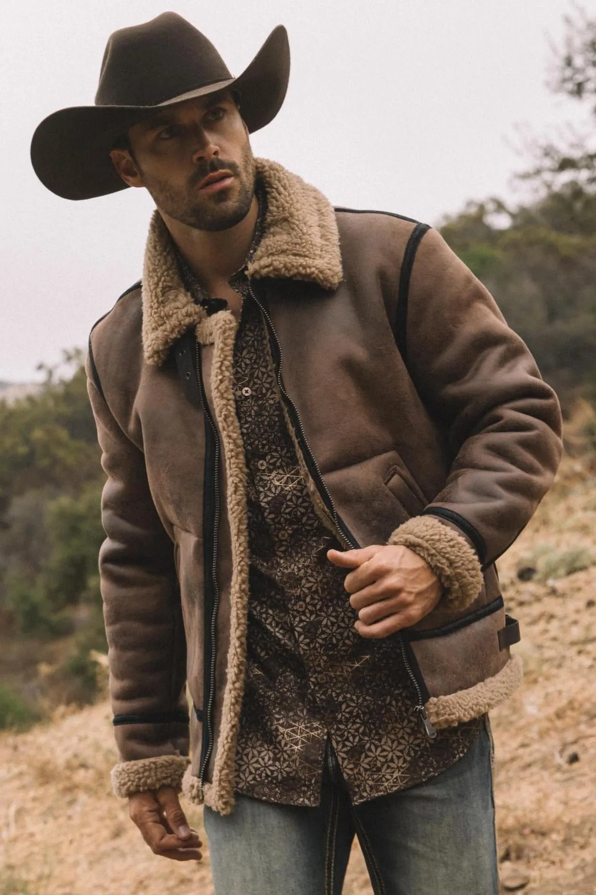 Men's Washed Suede Brown Jacket w/ Faux Shearling-lined