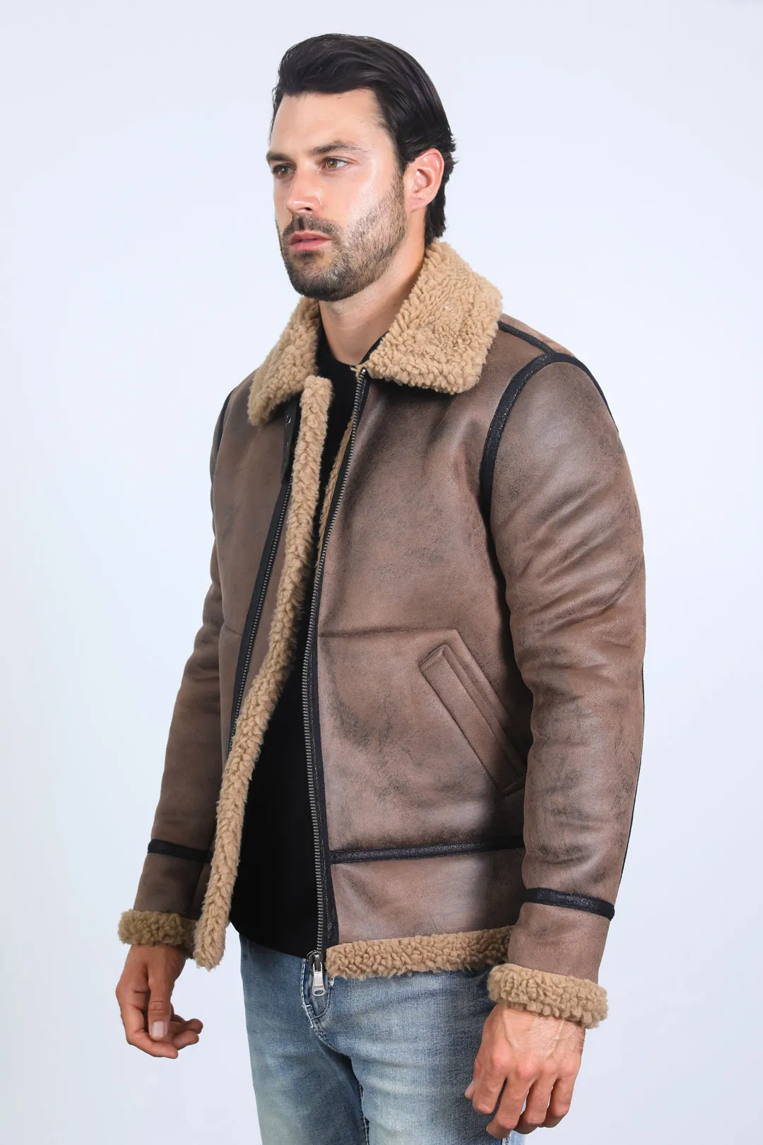 Men's Washed Suede Brown Jacket w/ Faux Shearling-lined