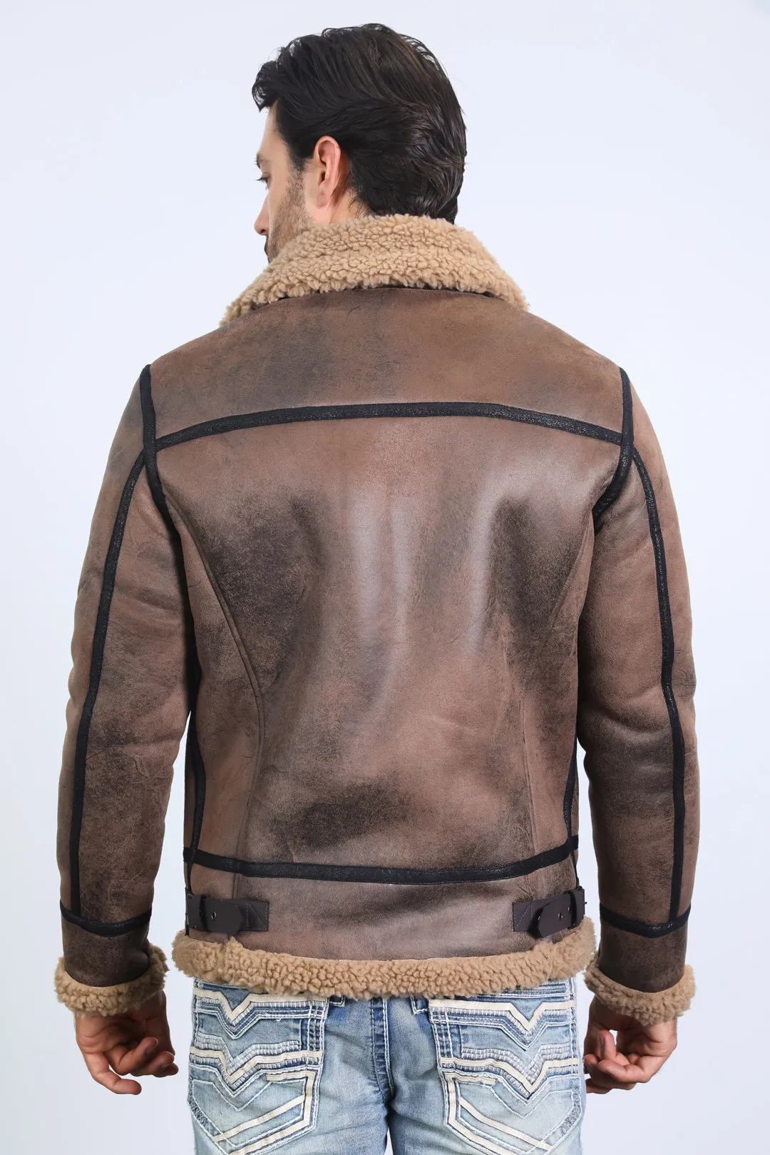 Men's Washed Suede Brown Jacket w/ Faux Shearling-lined