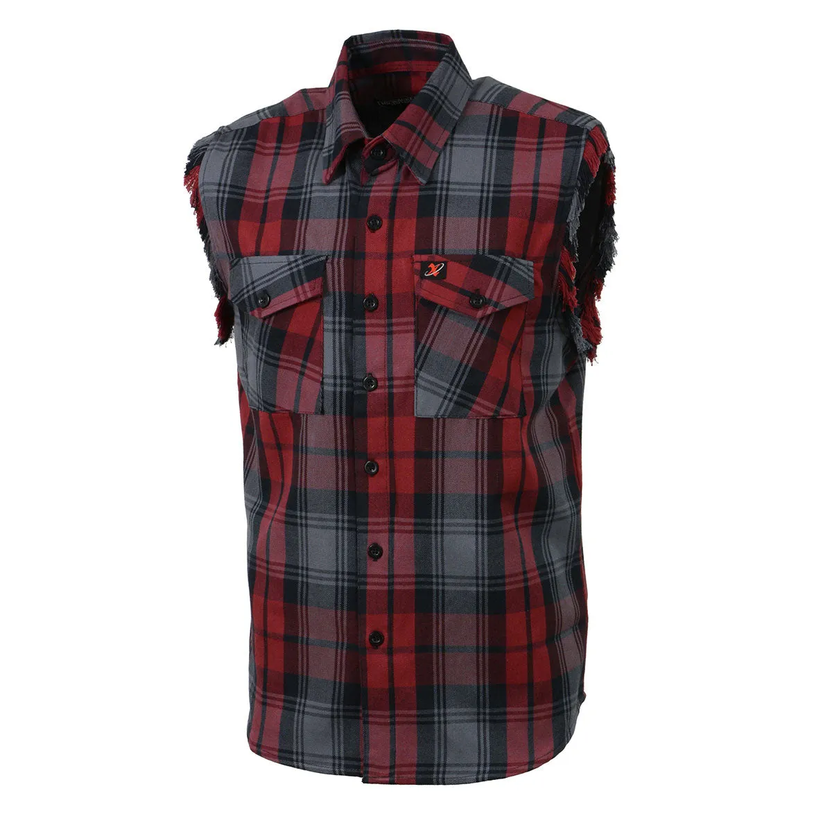 Milwaukee Leather MNG11696 Men’s Classic Black and Grey with Red Button-Down Flannel Cut Off Frayed Sleeveless Casual Shirt