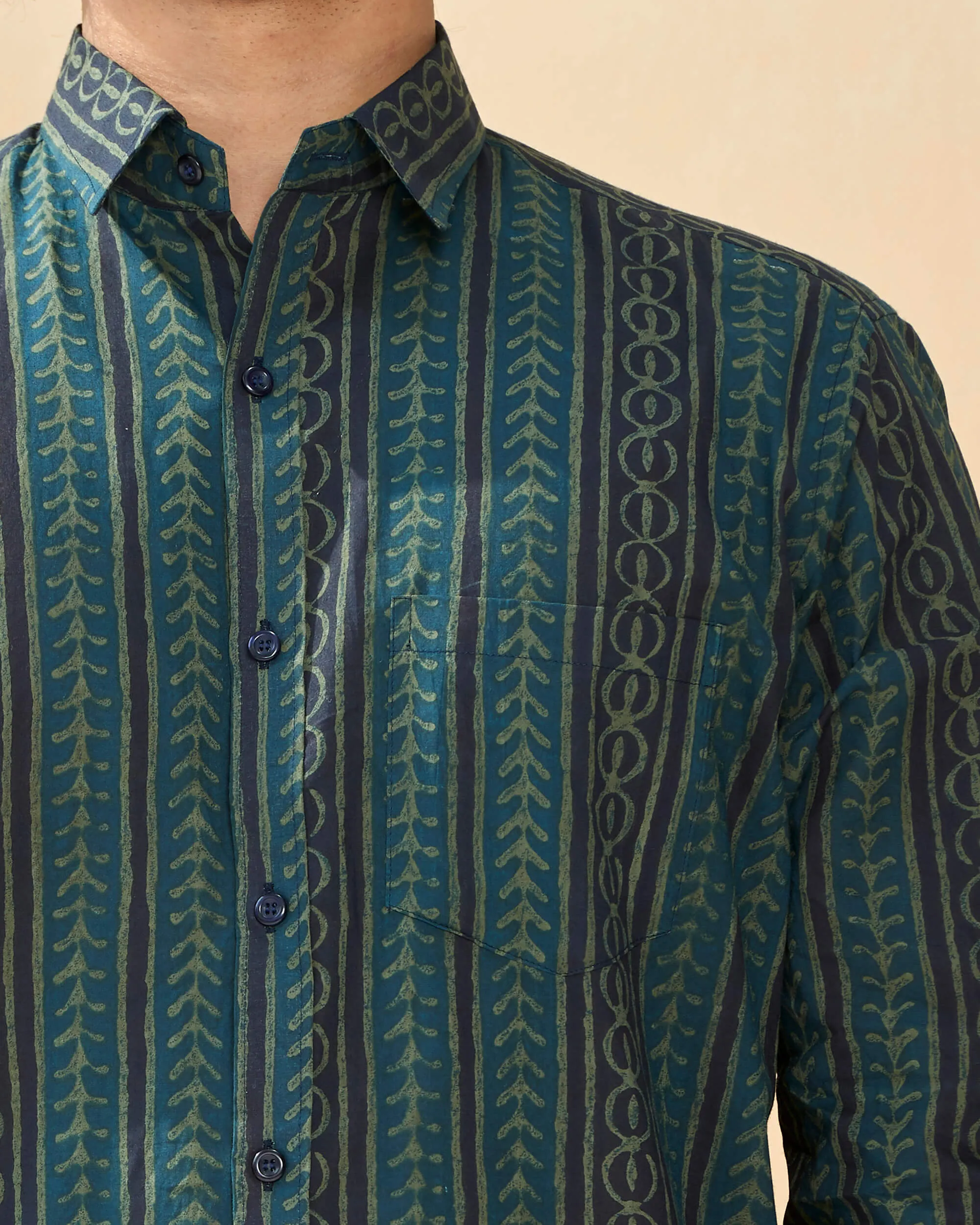 Moongia Green Full Sleeve Cotton Hand Block Printed Men’s Shirt