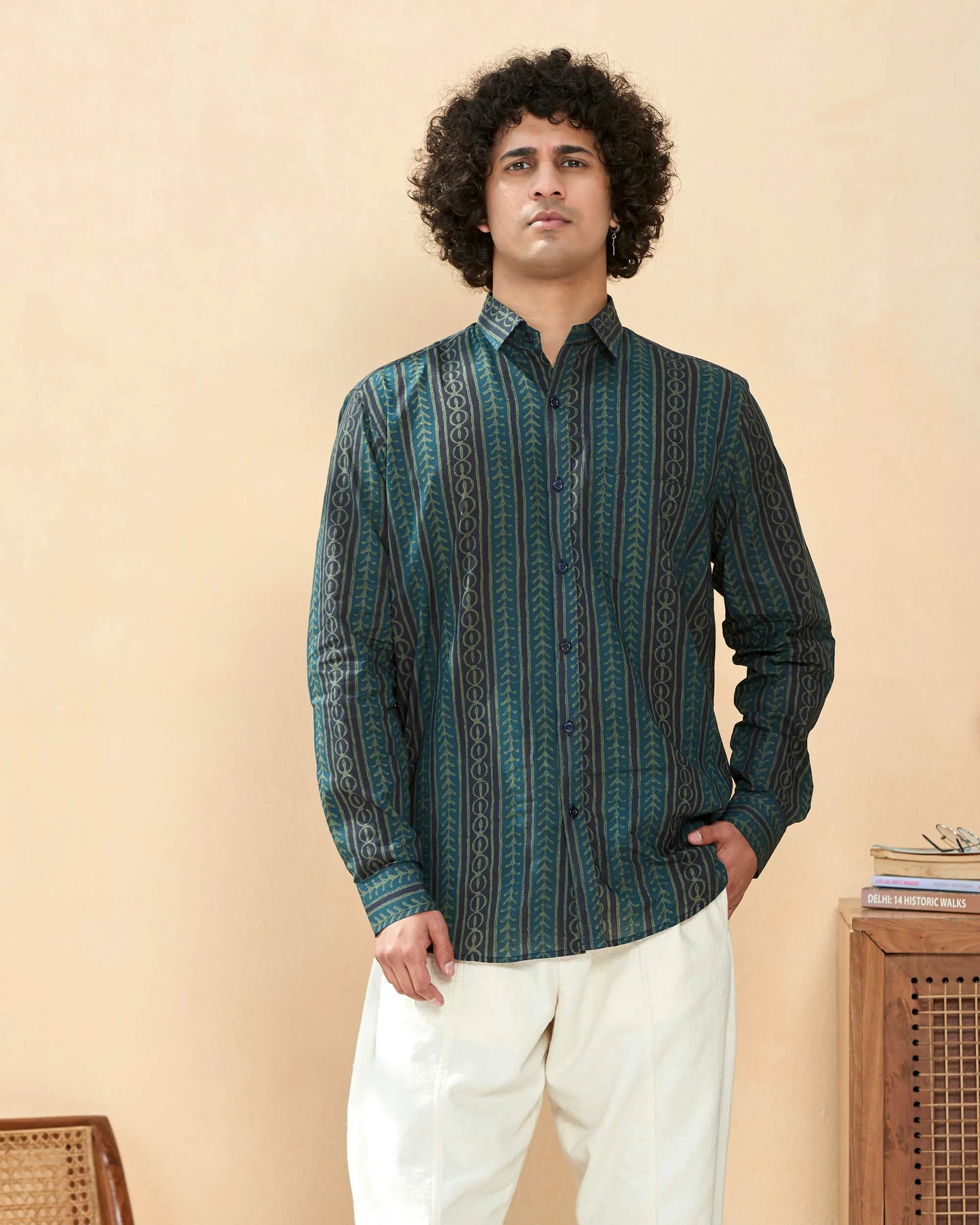 Moongia Green Full Sleeve Cotton Hand Block Printed Men’s Shirt