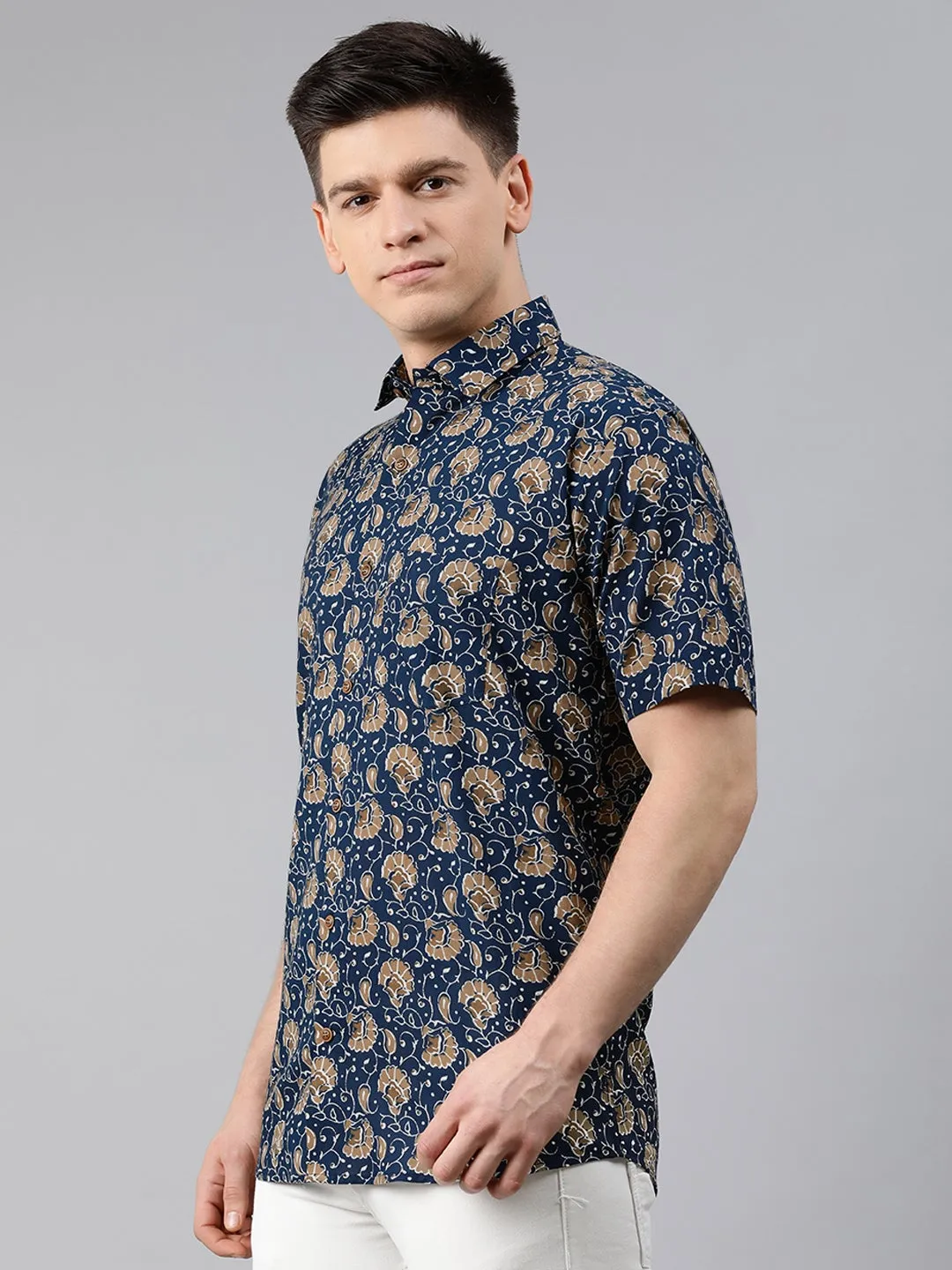 Navy Blue Cotton Short Sleeves Shirts For Men-Mmh005