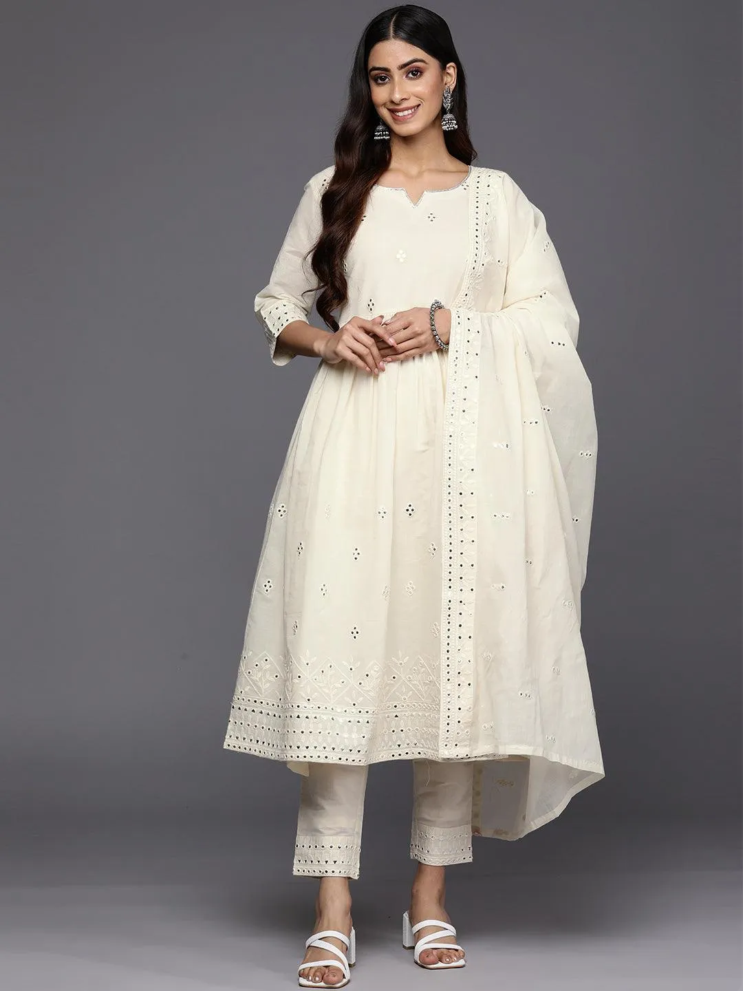 Off White Embroidered Cotton Anarkali Suit Set With Trousers